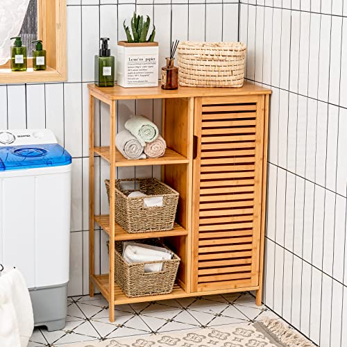 Tangkula Bamboo Bathroom Floor Cabinet, Storage Cabinet with Shutter Door and 3 Tier Shelves, Freestanding Bathroom Cabinet for Living Room Kitchen Hallway, Natural - style: Single Door