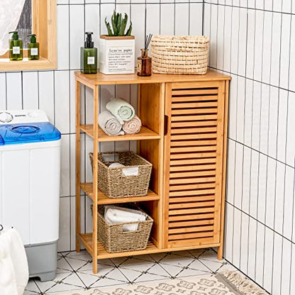 Tangkula Bamboo Bathroom Floor Cabinet, Storage Cabinet with Shutter Door and 3 Tier Shelves, Freestanding Bathroom Cabinet for Living Room Kitchen Hallway, Natural - style: Single Door