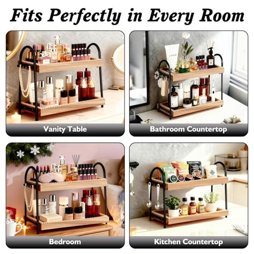 Bathroom Vanity Organizer Countertop 2-Tier Waterproof 20+ Bottles 8 Hooks | Tall space large perfume/skincare bottles, vanity/bathroom/dresser, paulownia wood, hooks keep jewelry neat, non-slip base - color: A-Large&Medium-Black & Light Brown