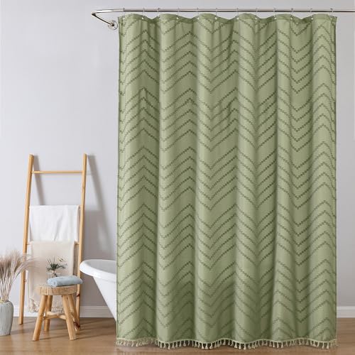 Extra Long Light Green Boho Shower Curtain, Chic Tufted Chevron Striped Textured Fabric Cloth Shower Curtains with Tassel for Bathroom, Soft Hotel Style Farmhouse, Machine Washable, 72x84 - color: Light Green, size: 72"W x 84"L (Pack of 1)