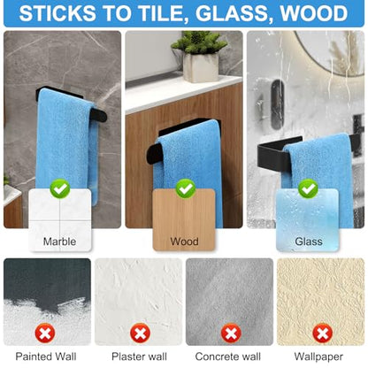 Hand Towel Holder for Bathroom Wall 8 inch, Self Adhesive Bothroom Hand Towel Bar Attached on Wall, Black