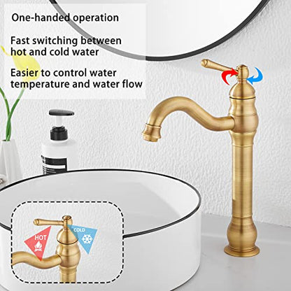 360° Swivel Antique Brass Bathroom Vessel Sink Faucet Single Handle One Hole Matching with Pop Up Drain - color: Antique Brass, size: Vessel