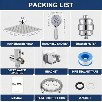 Dual Filtered 8" Stainless Steel Rain Shower Head & Handheld Spray Combo | Replaceable Cartridge High Pressure Filter 7-Spray Mode Shower Head, Innovative 3-way Diverter, 59'' Anti-Kink Hose, Chrome