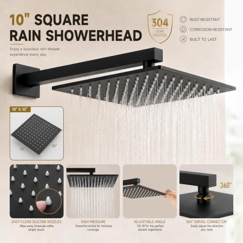 Shower System with Tub Spout, All Metal Black Bathtub Shower Faucet Set with High Pressure 10 Inch Rain Shower Head and Handheld Shower Head Set, Matte Black (Valve Include） - color: Matte Black