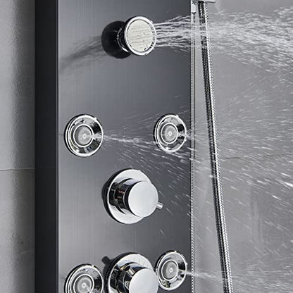 LED Rain Shower Panel Tower System Rainfall Waterfall Massage Body Jets Kit Faucet Black A