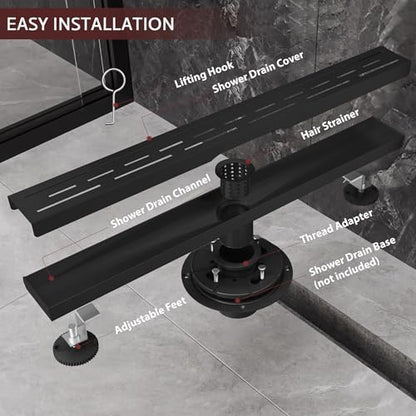36 Inch Linear Shower Drain, Matte Black Shower Drain, Removable Grate, 304 Stainless Steel, Easy to Install and Clean for Bathrooms (Drain Base Not Included), LSD-15B-36B - size: 36 inch
