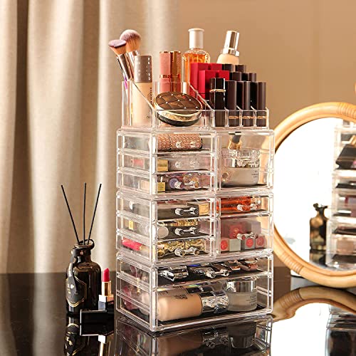 Cq acrylic Makeup Organizer Skin Care Large Clear Cosmetic Display Cases Stackable Storage Box With 11 Drawers For Vanity,Set of 4 - size: 11 Drawers