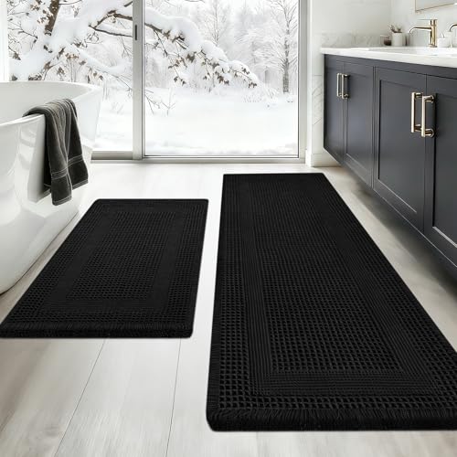 Upgraded Waffle Bath Mat Set 2 Piece Black-Looped, Super Absorbent Non-Slip Quick Dry Bathroom Rugs with Tassels, Machine Washable Ultra Soft Boho Bath Rugs for Floor, Toilet Mats Boho Farmhouse Decor - color: Black, size: 24"x17"+5'x2'