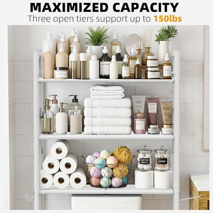 GloTika 3-Tier Over Toilet Storage, Anti-Tilt, 64" H, White | Anti-Tilt Safety System, 150lb Capacity, Carbon Steel, Freestanding, No Drilling, Anti-Rust Coating, Paper Holder & 4 Hooks - color: White, size: 3-Tier
