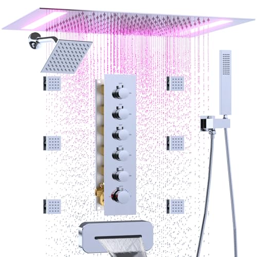 HOMEDEC 14x20" and 6" Shower Heads with Bathtub Spout, 5-Way Diverter Valve with Handheld and 6 Body Jets Rain Full Body Shower System Set, Chrome - color: Chrome, style: 5-Way + 1x 6" Top + Spout