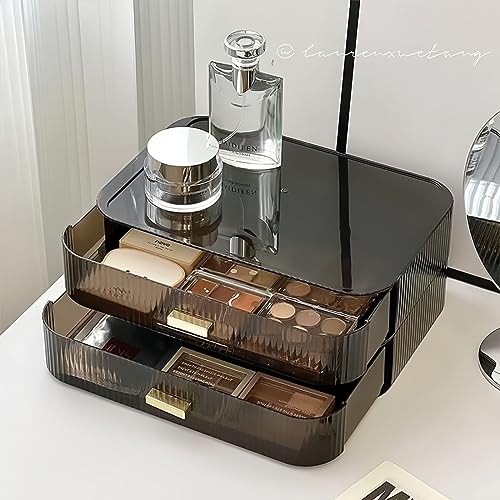 2 Pack Stackable Makeup Organizer with Drawers, Bathroom Storage for Eyeshadow Palettes, Cosmetics, and Beauty Supplies. Ideal for Vanity Counter, Cabinet, Entryway Table, Desk - color: Clear Black, size: 2 Drawer