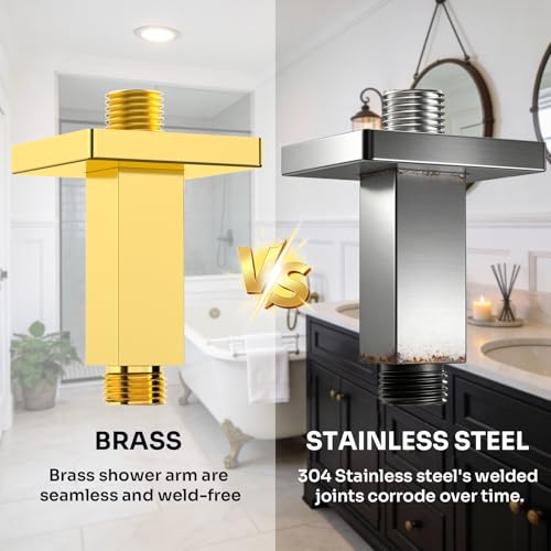 Enga Square Shower Arm with Flange, 3 Inches Ceiling Mount Replacement Rain Shower Head Straight Arm, Bright Gold - color: Polished Gold, style: 3 Inch