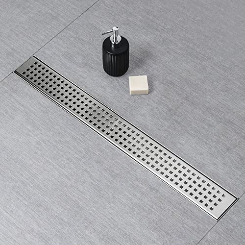SaniteModar Linear Shower Drain 16 inch Brushed with Square Hole Panel | AISI 304 Stainless Steel Brushed Linear Dain Rectangle Shower Floor Drain with Hair Strainer and Leveling Feet - color: Stainless Steel, size: 16 inch
