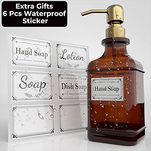 GLADPURE Soap Dispenser 2 Pack, Hand Soap Dispensers with 18 Oz Antique Design Thick Amber Glass Bottle, 316 Rust Proof Stainless Steel Pump, 6Pcs Stickers, for Lotion, Soap - Brushed Gold - color: Brushed Gold