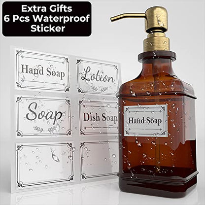 GLADPURE Soap Dispenser 2 Pack, Hand Soap Dispensers with 18 Oz Antique Design Thick Amber Glass Bottle, 316 Rust Proof Stainless Steel Pump, 6Pcs Stickers, for Lotion, Soap - Brushed Gold - color: Brushed Gold