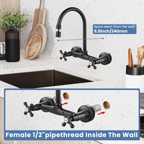 Airuida Oil Rubbed Bronze Wall Mounted Kitchen Faucet,Utility Sink Faucet | 8 Inch Adjustable Center,360° Swivel Spout,Wall Mount Commercial Faucet,Double Cross Handle - color: Oil Rubbed Bronze