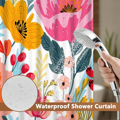 No Hook Shower Curtain with Snap in Liner, Boho Floral Shower Curtain with Mesh Top Window and Weighted Hem, 71x74 Inches Double-layer Waterproof Fabric Flower Shower Curtain and Removable Liner Set - color: Gorgeous Flowers
