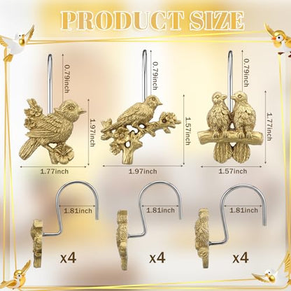 12 Pcs Bird Shower Curtain Hooks Antique Gold Birds Animal Decorative Hooks Rings Bulk Cute Hanger Stainless Steel Resin Nature Spring Themed Curtain Rings for Bathroom Bedroom Home Decor - style: Bird