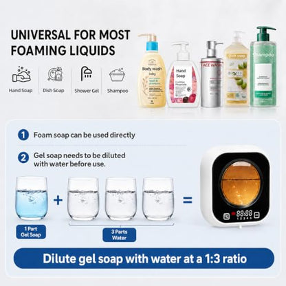 Automatic Soap Dispenser Touchless, Wall Mount, Rechargeable, Mood Lighting | 5 Adjustable Foam Levels, IPX5 Waterproof, LED Clock, 320ML, Hand & Dish Soap for Bathroom Kitchen, White - color: Foam White