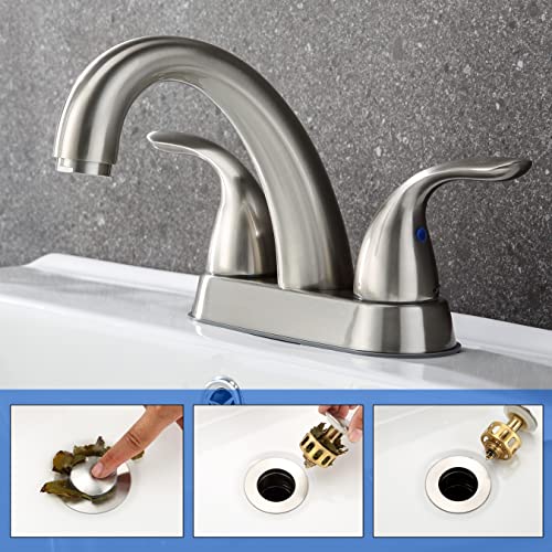 2 Handle Bathroom Sink Faucet, with Pop up Drain & Supply Lines, 4 Inch Centerset Brushed Nickel Faucet for Lavatory Bathroom Sink, Professional Modern Vessel Deck Mount Vanity rv Faucet | 4 Inch Centerset Faucet for Lavatory Bathroom Sink, Professional M