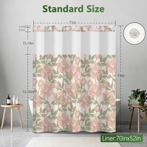 Pink Floral No Hook Shower Curtain and Liner Set, Double-Layer Waterproof Shower Curtains for Bathroom, Washable Shower Curtain with Snap in Liner, Weighted Bottom and Mesh Top Window, 71x74 Inches - color: Pink Flowers