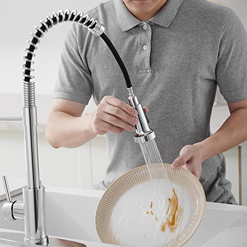 VOTON Chrome Kitchen Faucets with Pull Out Sprayer Commercial Spring Sink Faucet Stainless Steel Pull Down Single Handle Farmhouse faucets with Deck Plate for Camper Laundry Utility Rv Wet Bar - color: Chrome