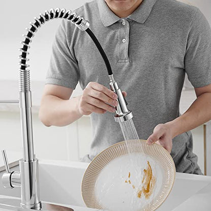 VOTON Chrome Kitchen Faucets with Pull Out Sprayer Commercial Spring Sink Faucet Stainless Steel Pull Down Single Handle Farmhouse faucets with Deck Plate for Camper Laundry Utility Rv Wet Bar - color: Chrome
