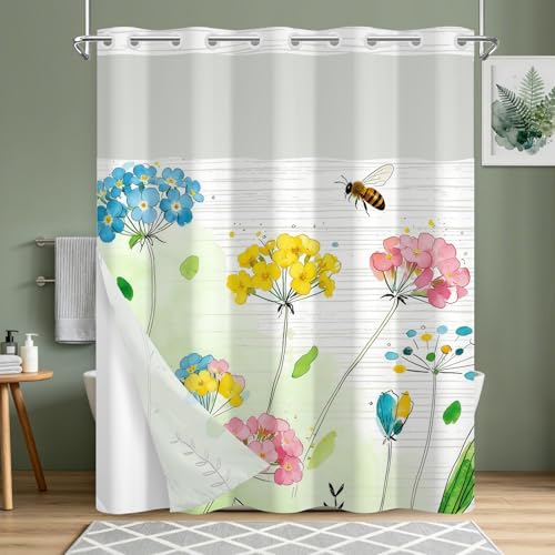 Waterproof Floral No Hook Shower Curtain and Liner Set, Double-Layer Spring Shower Curtains for Bathroom, Farmhouse Shower Curtain with Metal Weights and Breathable Vent Window, 71x74 Inches - color: Breeze and Blossoms