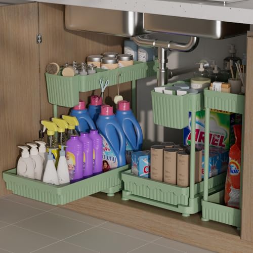 3-Pack 2-Tier L-Shaped Under Sink Organizers with Sliding Drawers | Multi-use kitchen & bathroom storage, 14.85 inch green cabinet organizer, space-saving sliding drawer design. - color: Green, size: 14.85 Inch