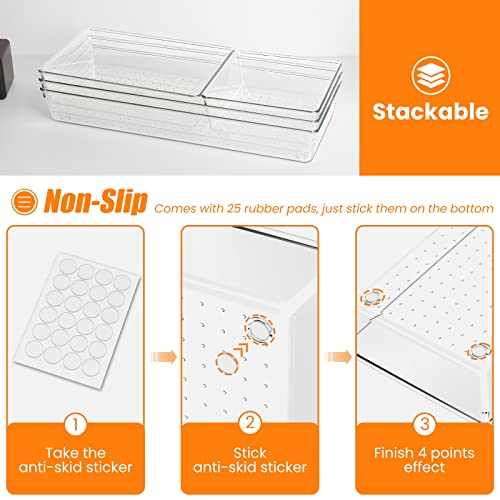 6 Pcs Large Size Clear Drawer Organizer Set, Acrylic Non Slip Non Cracking Kitchen Drawer Storage Tray Divider, Multifunctional Storage for Cosmetics, Bathroom, Tools, Kitchen and Office - size: 6 PACK