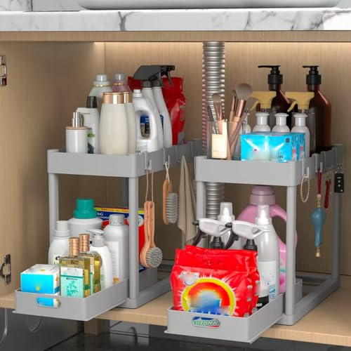 Growsun 2 Pack Under Sink Organizer and Storage Pull Out Cabinet 2 Tier Sliding Drawer Kitchen Cabinet Organizer Sturdy Bathroom Storage, Grey - color: 2 Pack Grey