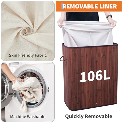 GarveeHome Folding Bamboo Laundry Hamper with Lid, 28 Gal /106L Wooden Laundry Basket with Washable Liner Bag, Slim Clothes Storage Hamper for Small Bedrooms Apartments Dorms, Brown - color: Brown - Rectangle