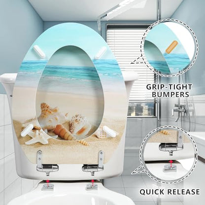 Angol Shiold Toilet Seat ELONGATED Molded Wood 18.5Inch(Beach) | Quiet Close Quick Release Metal Hinges, Adjustable Fit for Standard Elongated Toilets, Easy to Install&Clean - color: Beach, size: Elongated-18.5”