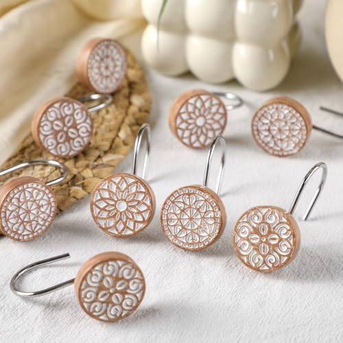 BreezeHug 12pcs Boho Shower Curtain Hooks Decorative Shower Curtain Hangers for Bathroom Rod Resin Round Rings with Brown Floral Pattern, Waterproof - style: Geometry