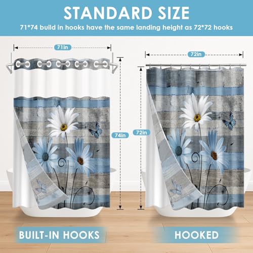 No Hook Shower Curtain with Snap in Liner 71x74 Inch Floral Blue | Farmhouse Rustic Butterfly Modern Double Layers Waterproof Fabric with See Through Top Window Open Grommet Bath Curtain - color: Blue Daisy 3, size: 71"W x 74"L (Pack of 1)