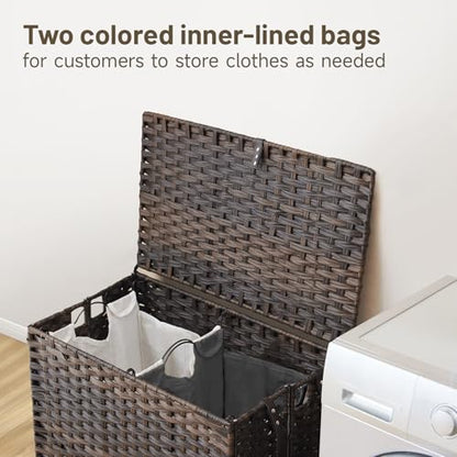 Laundry Hamper with Wheels, 34.3 Gallon(130L) Rolling Laundry Basket with Lid, Removable Large 2 Color Liners & 3 Mesh Laundry Bags, Clothes Hamper with Side Pocket, Brown - color: Brown, size: 23.62"L x 15.75"W x 21.65"H