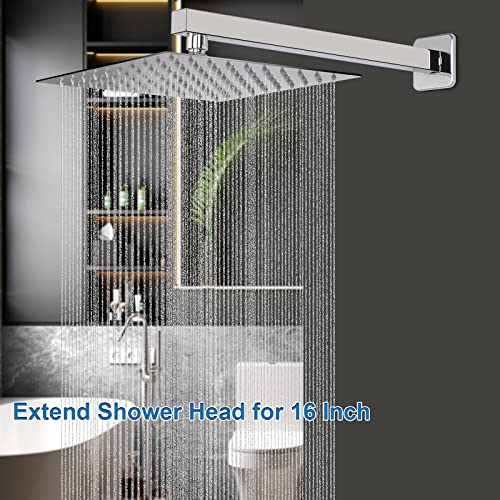 Shower Head with Extension Arm, High Pressure Square with ShowerArm, Stainless Steel Rainfall -Waterfall Full Body Coverage (10'' Shower with 16'' Arm, Chrome) - color: Chrome, size: 10'' Shower with 16'' Arm