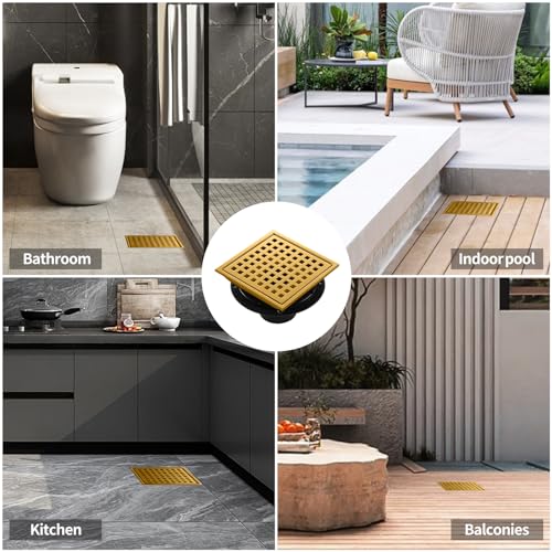 Shower Drain, Brushed Gold 6 inch Shower Floor Square Drain with Flange, Removeable Grid Panel SUS 304 Stainless Steel Square Shower Drain - color: Brushed Gold, size: 6 inch