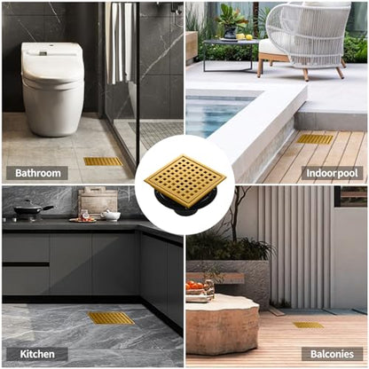 Shower Drain, Brushed Gold 6 inch Shower Floor Square Drain with Flange, Removeable Grid Panel SUS 304 Stainless Steel Square Shower Drain - color: Brushed Gold, size: 6 inch