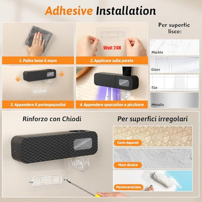 Smart Wall-Mounted Toothbrush Holder for Bathroom Black Toothbrush Storage Organizer with 3 Slots Toothbrush Holders with Toothpaste Dispenser for Drying Function
