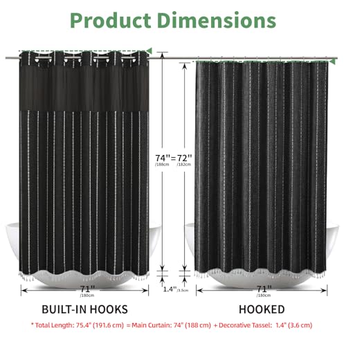 eachope Boho Farmhouse No Hook Shower Curtain Set with Snap-in Fabric Liner,Heavy-Duty Linen Textured Rustic Striped Design,Water-Repellent with Tassels and Sheer Window,Black,71x74 - color: Black, size: 71"W x 74"L (Pack of 1)