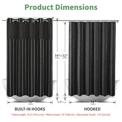 eachope Boho Farmhouse No Hook Shower Curtain Set with Snap-in Fabric Liner,Heavy-Duty Linen Textured Rustic Striped Design,Water-Repellent with Tassels and Sheer Window,Black,71x74 - color: Black, size: 71"W x 74"L (Pack of 1)