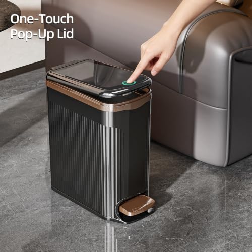 JOYZAN Slim Bathroom Trash Can with Pop-Up Lid Step Pedal Waste Basket | Foot Pedal Trash Can 2.6 Gallon Dog Proof Plastic Garbage Bin for Kitchen, Living Room, Bedroom, Office Black