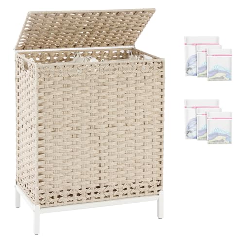 SETVSON Laundry Hamper with Lid, Wicker Laundry Basket, 112 L, Light Khaki | Handwoven PE Rattan, 2 Removable Liner Bags, Metal Heightened Feet, 6 Mesh Bags, Clothes Hamper for Bathroom Bedroom - color: Light Khaki, size: 112 L - 29.6 gal