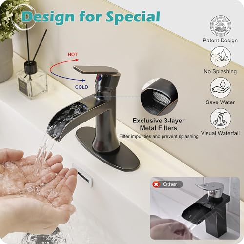 Waterfall Bathroom Sink Faucet Oil Rubbed Bronze, Brass Single Handle Bathroom Faucet 1 Hole or 3 Hole (4 Inch), Modern Bathroom Vanity Faucets with Pop Up Drain & Deck Plate for Rv Farmhouse - color: Oil Rubbed Bronze - Farmhouse