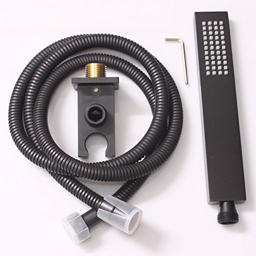 Brass Matte Black Hand Held Shower Head With Wall Connector Hose Set | Modern Square All Metal Hand Shower Fixed Holder Set For Bathroom Showers - color: Black handheld set
