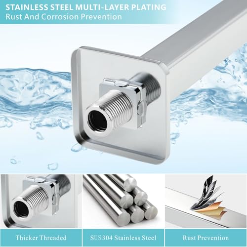 Shower Arm with Flange, 16 Inches Wall Mount Square Straight Extension Arm, Replacement of Fixed Rain Shower Head Pipe, Chrome - color: Chrome