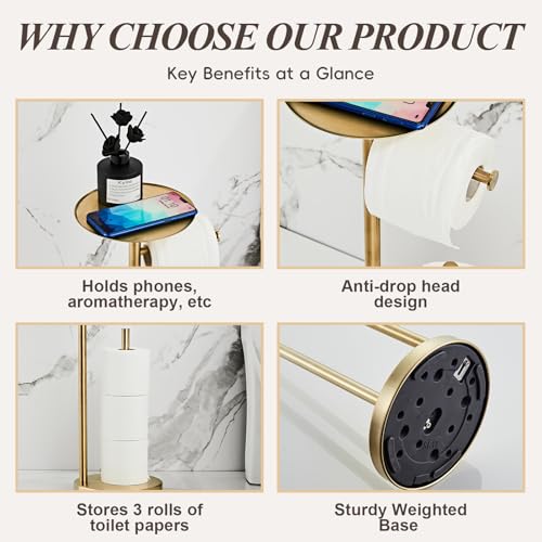 SHUNLI Toilet Paper Holder Stand - Modern Freestanding Toilet Paper Roll Holder with Storage Reserve, Toilet Tissue Paper Roll for Bathroom, SUS304 Stainless Steel (Brushed Gold) - color: Brushed Gold