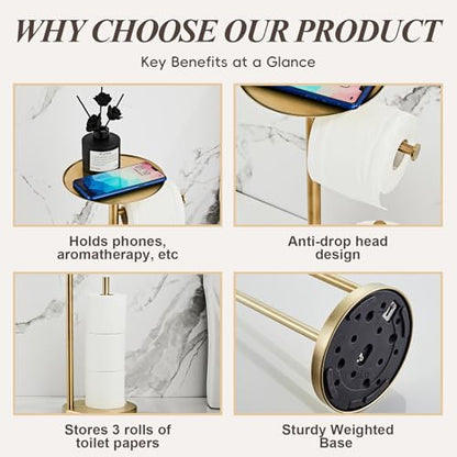 SHUNLI Toilet Paper Holder Stand - Modern Freestanding Toilet Paper Roll Holder with Storage Reserve, Toilet Tissue Paper Roll for Bathroom, SUS304 Stainless Steel (Brushed Gold) - color: Brushed Gold