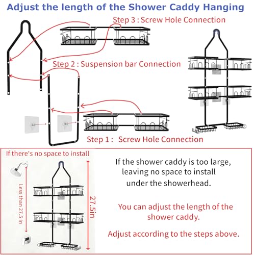 Shower Caddy Hanging Upgraded Adjustable Rustproof Shower Caddy Shower Organizer for Over Handheld or Fixed Shower Heads with Hooks Soap Holder Toothbrush Holder